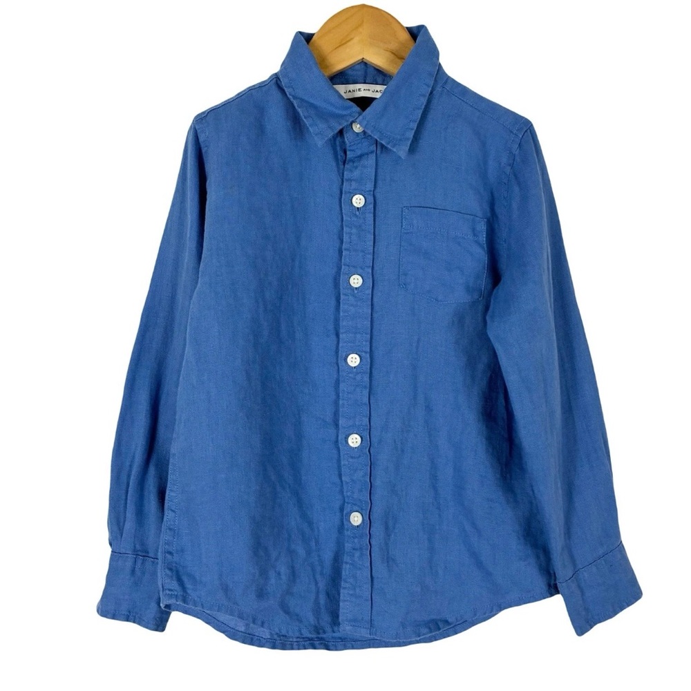 Janie and Jack Blue Linen Button Shirt Boys 4 Preppy Classic Old Money Summer